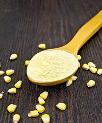 Flour corn in spoon on board