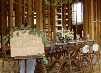 Plate Welcome to our Wedding in the foreground.  Wedding party.