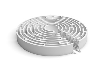 Fototapeta na wymiar 3d rendering of a white round maze with a direct route cut right to the center.