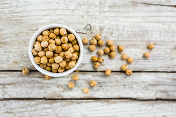 Superfood and healthy diet chickpeas on a wooden background. 