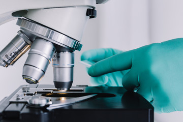 Close up view of scientist hands with gloves set the sample in the microscope for research