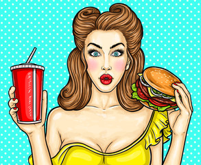 Sexy pop art girl holding a cocktail in her hand