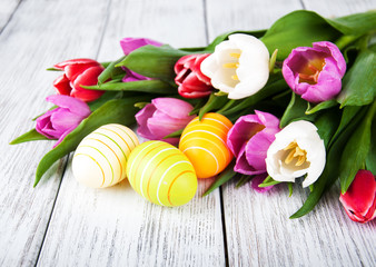 Easter eggs and tulips