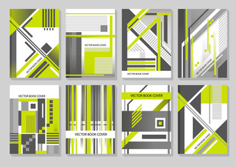 Vector set of eight templates for the book cover size A4. Modern abstract geometric composition of green and shades of gray.
