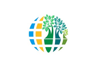 globe circle ecology tree elements logo, global trees nature plant symbol icon, eco friendly logo concept vector design template