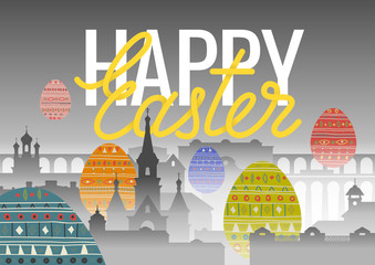 Panorama of black-and-white old city in the fog and huge colorful painted flying eggs. Typographic and manual inscription "Happy Easter." Concept for greeting card, web template, poster, background.