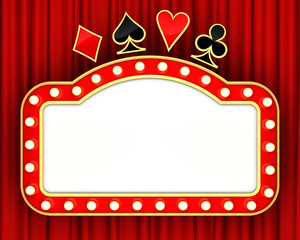 Retro banner with glowing lights and card symbols. 3D rendering