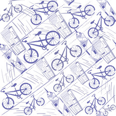 Seamless pattern with bicycles and urban buildings. Urban Extreme. Walking around the city by bike. High-rise buildings. Cycling.