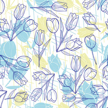 Tulips pattern. Trendy Floral hand-drawn seamless pattern. Spring flowers.