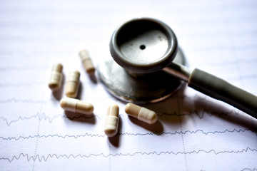 Stethoscope and pill on electrocardiogram