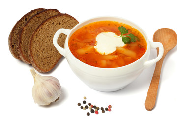 borsch borscht borshch in plate with wood spoon and black bread isolated on white