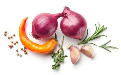 Poster red onions and spices on white background © Mara Zemgaliete
