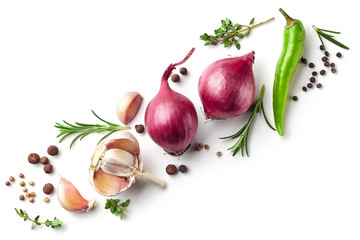 red onions and spices on white background - obrazy, fototapety, plakaty