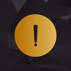 Exclamation mark sign. Golden style on background with polygons.