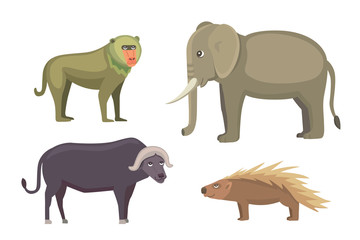 African animals cartoon vector set. elephant, rhino, giraffe, cheetah, zebra, hyena, lion, hippo, crocodile, gorila and outhers. safari isolated illustratio.