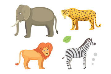 African animals cartoon vector set. elephant, rhino, giraffe, cheetah, zebra, hyena, lion, hippo, crocodile, gorila and outhers. safari isolated illustratio.