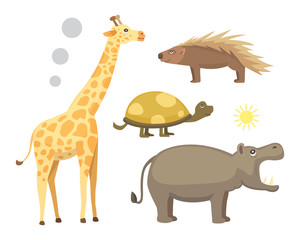 African animals cartoon vector set. elephant, rhino, giraffe, cheetah, zebra, hyena, lion, hippo, crocodile, gorila and outhers. safari isolated illustratio.