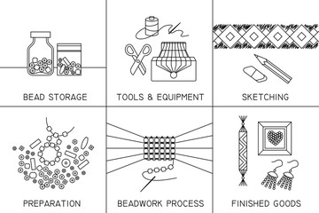 Set of six thin line square vector icons on the theme of beadwork, jewelry work, handicraft, bead weaving, hobby.