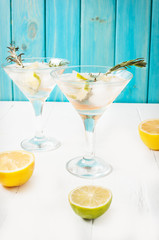 Gin, lemon, rosemary fizz, cocktail with honey and fresh herbs on a white background
