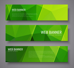 Fototapeta premium Banner with green polygonal background, transparent diagonal dies