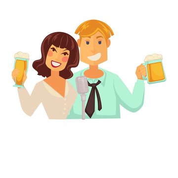 Man and woman with glasses of beer with foam