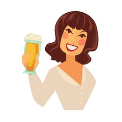 Woman holding glass of beer with foam isolated on white