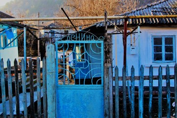 Blue wrought-iron gate. Village, Crimea