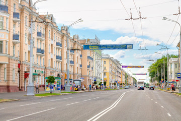 Fototapeta na wymiar Gomel, Belarus - August 24, 2013: Lenin Avenue clear summer day.