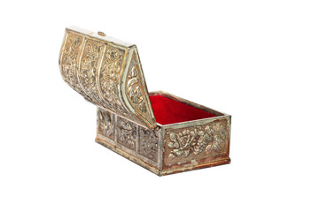 Metal box. Open casket with red velvet inside. elegant metal box for jewelry. Back view