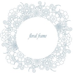 Floral hand drawn round blue frame stock vector illustration