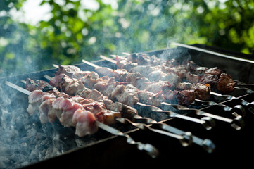 Cooking meat over a fire outdoors