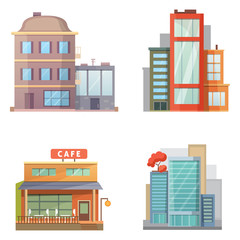 Flat design of retro and modern city houses. Old buildings, skyscrapers. colorful cottage building, cafe house front.