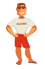 Guardian man in white t-shirt and shorts. Smiling athletic security