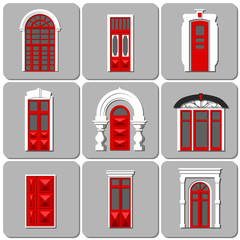 Fototapeta premium Vector set of flat vintage decorative red doors on gray background. Arched, stained glass exterior elements in London style.