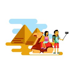 Summer vacation poster vector illustration. Couple resting in Egypt