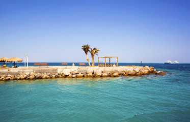 View of a pier with palm trees and the vacation spot. Egypt