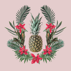 Creative hipster tropical background with pineapple on blush background. Fruit concept.