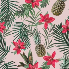 Kreatives nahtloses tropisches Muster mit Blumen und Ananas auf errötendem Pastellhintergrund. Naturkonzept © Zamurovic Brothers