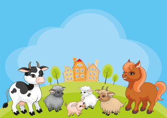 Vector kids background with the image of a rural landscape and funny farm animals