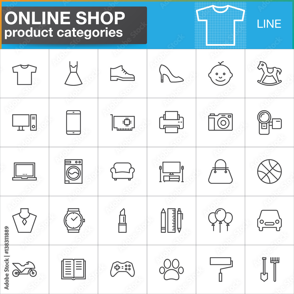Poster online shopping product categories line icons set, outline vector symbol collection, linear style pi
