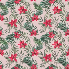  Creative seamless tropical pattern with flowers and palm leaves on blush pastel background. Nature concept © Zamurovic Brothers