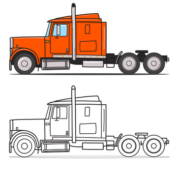 Old semi truck with sleeper towing engine transport. american tractor, side view. Vector doodle illustration