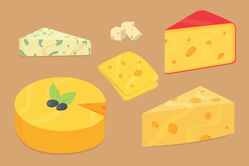 Cheese types . Modern flat style realistic vector illustration icons. Isolated parmesan or cheddar fresh on white background.
