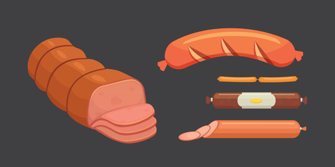 Set of vector cartoon sausage. Bacon, sliced Salami and Smoked Boiled. Isolated fresh Delicatessen icons. Grilled product on a white background