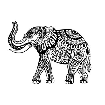 Vector of Elephant in zentangle style.Hand drawn  Black and White illustration