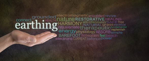 Earthing Word Cloud - male hand palm up outstretched with the word EARTHING floating above...