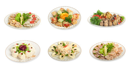 Set of festive meals of meat and vegetables  isolated
