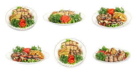 Vegetable marrows, eggplants, mushrooms with tomatoes