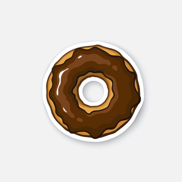Vector illustration. Bitten donut with chocolate glaze. Sticker in cartoon style with contour. Decoration for greeting cards, patches, prints for clothes, badges, posters, emblems