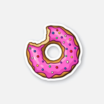 Vector illustration. Bitten donut with pink glaze and colored powder. Sticker in cartoon style with contour. Decoration for greeting cards, patches, prints for clothes, badges, posters, emblems
